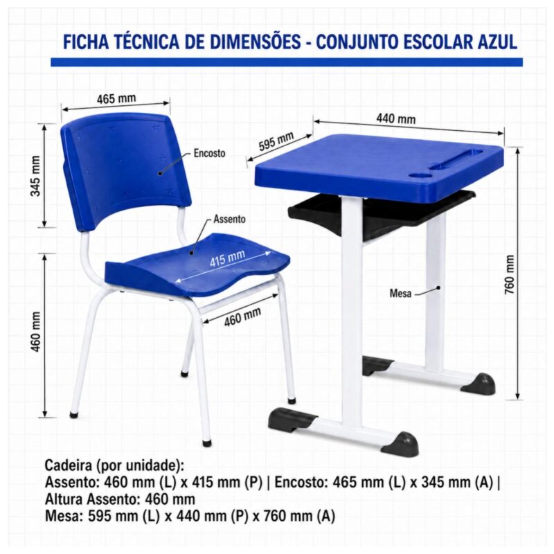 Conjunto Escolar Individual Adulto com Mesa e Cadeira Azul