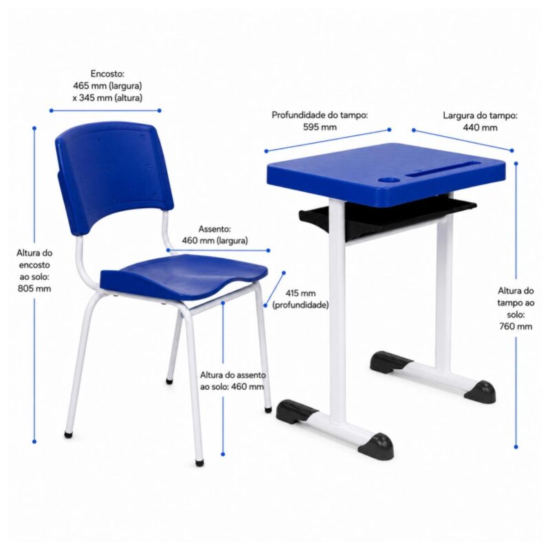 Conjunto Escolar Individual Adulto com Mesa e Cadeira Azul