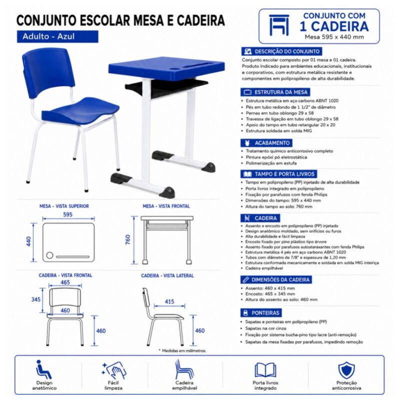 Conjunto Escolar Individual Adulto com Mesa e Cadeira Azul