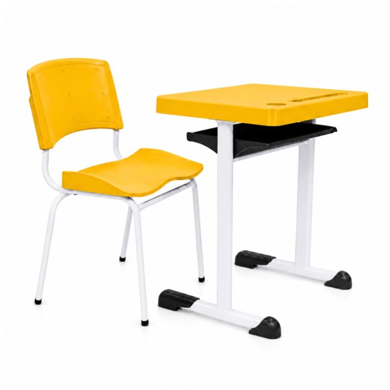 Conjunto Escolar Individual Adulto com Mesa e Cadeira Amarelo