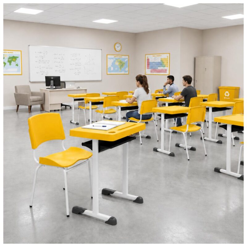 Conjunto Escolar Individual Adulto com Mesa e Cadeira Amarelo