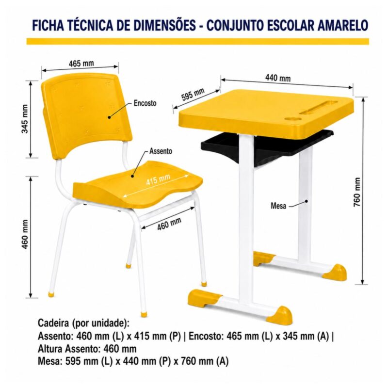 Conjunto Escolar Individual Adulto com Mesa e Cadeira Amarelo