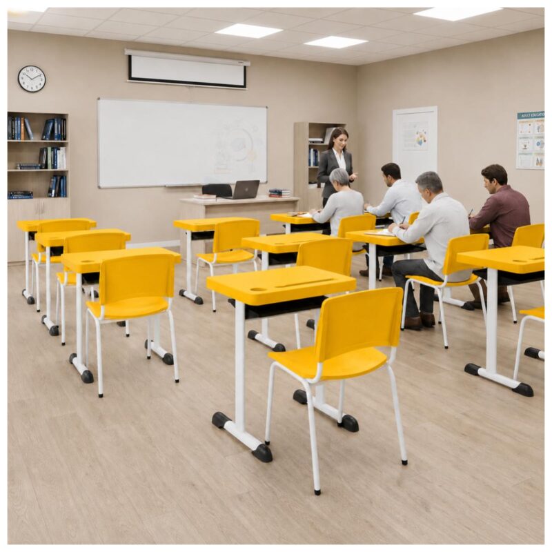 Conjunto Escolar Individual Adulto com Mesa e Cadeira Amarelo