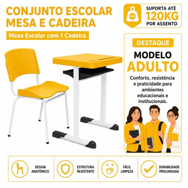 Conjunto Escolar Individual Adulto com Mesa e Cadeira Amarelo