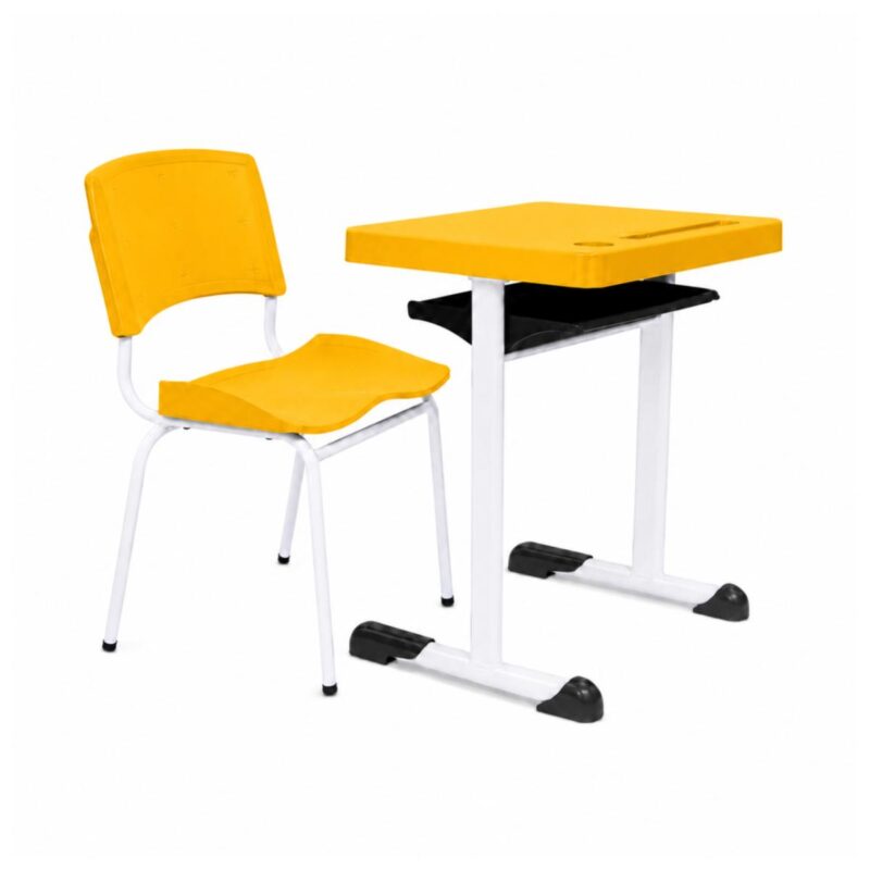 Conjunto Escolar Individual Adulto com Mesa e Cadeira Amarelo