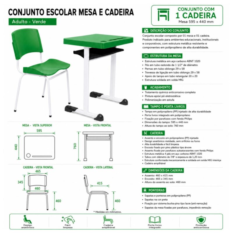 Conjunto Escolar Individual Adulto com Mesa e Cadeira Verde
