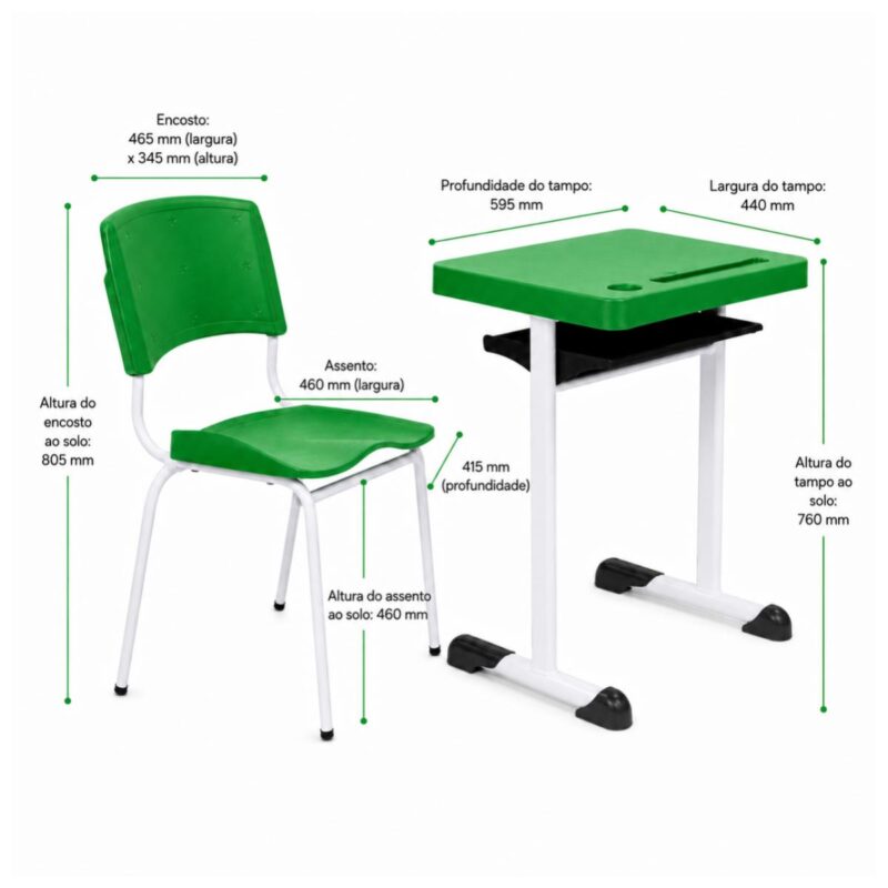 Conjunto Escolar Individual Adulto com Mesa e Cadeira Verde