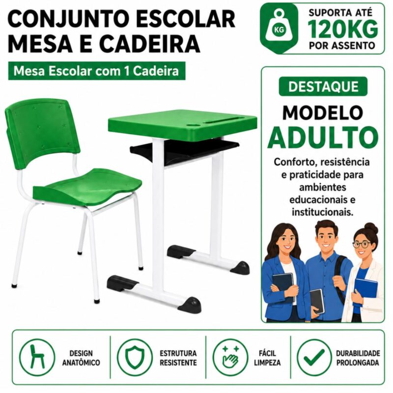 Conjunto Escolar Individual Adulto com Mesa e Cadeira Verde