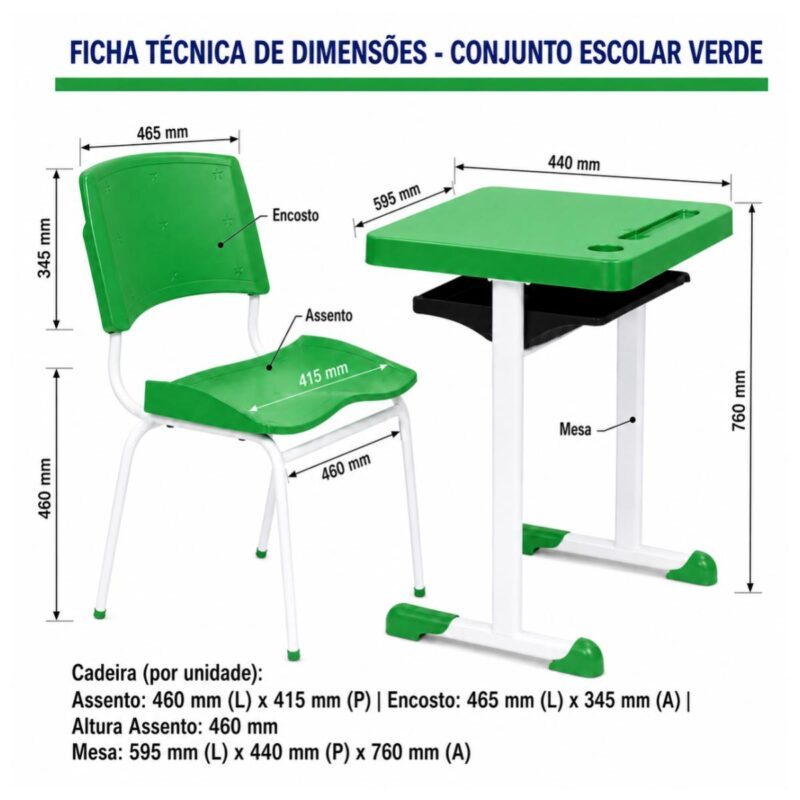 Conjunto Escolar Individual Adulto com Mesa e Cadeira Verde