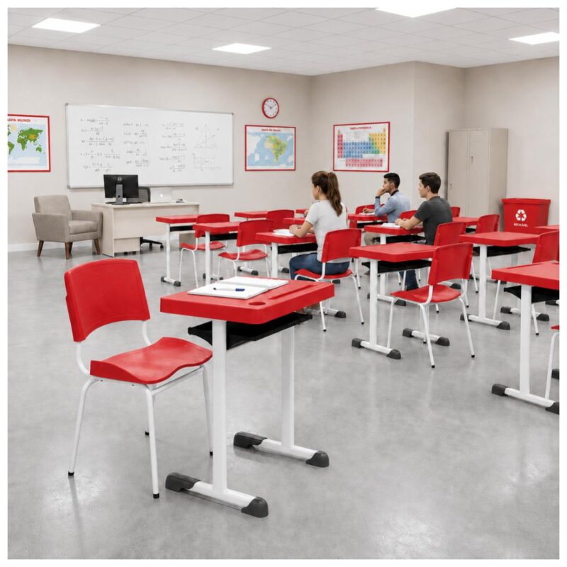 Conjunto Escolar Individual Adulto com Mesa e Cadeira Vermelho