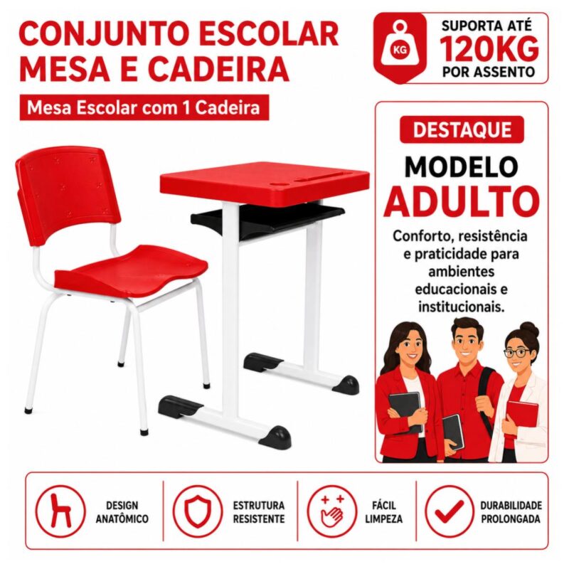 Conjunto Escolar Individual Adulto com Mesa e Cadeira Vermelho