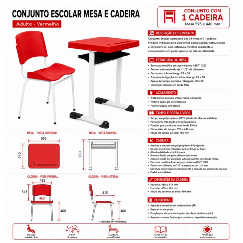 Conjunto Escolar Individual Adulto com Mesa e Cadeira Vermelho