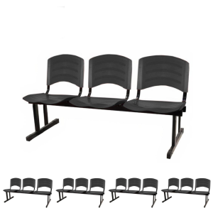 Kit 05 Cadeiras Longarinas PLÁSTICA 03 Lugares - Cor PRETO - REALPLAST - 33034