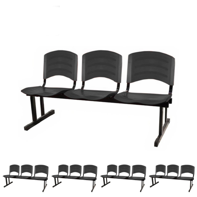 Kit 05 Cadeiras Longarinas PLÁSTICA 03 Lugares - Cor PRETO - REALPLAST - 33034