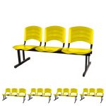 Kit 05 Cadeiras Longarinas PLÁSTICAS 03 Lugares - Cor Amarelo - REALPLAST - 33080