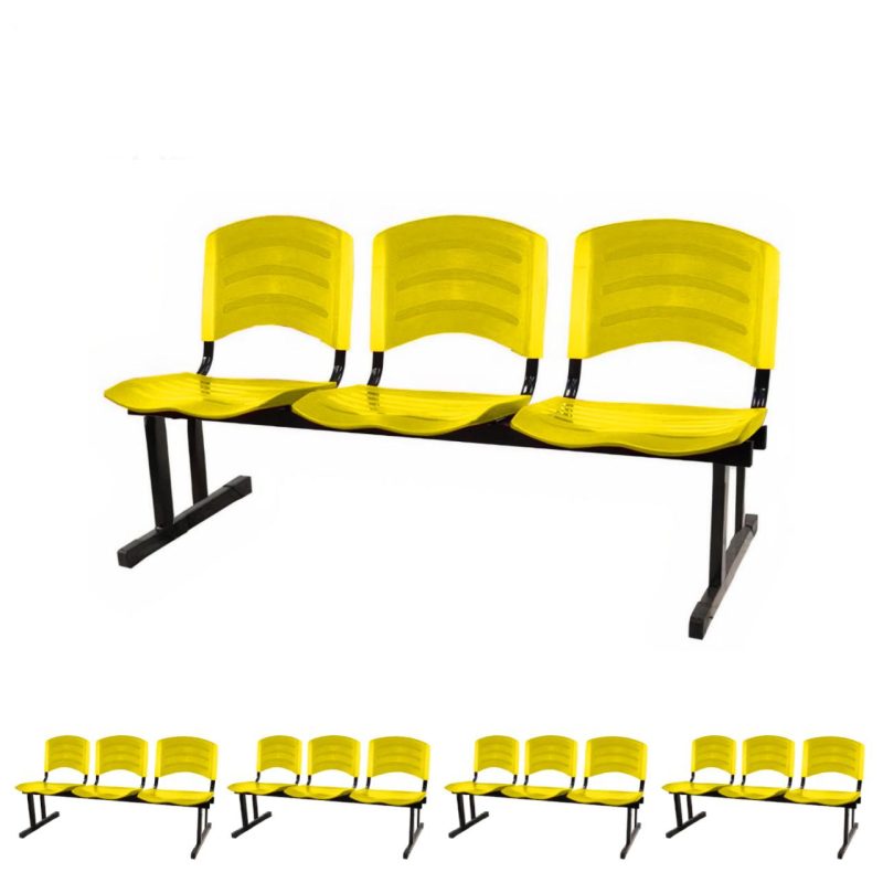 Kit 05 Cadeiras Longarinas PLÁSTICAS 03 Lugares - Cor Amarelo - REALPLAST - 33080