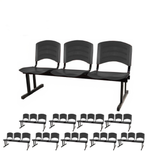 Kit 10 Cadeiras Longarinas PLÁSTICA 03 Lugares - Cor PRETO - REALPLAST - 33039