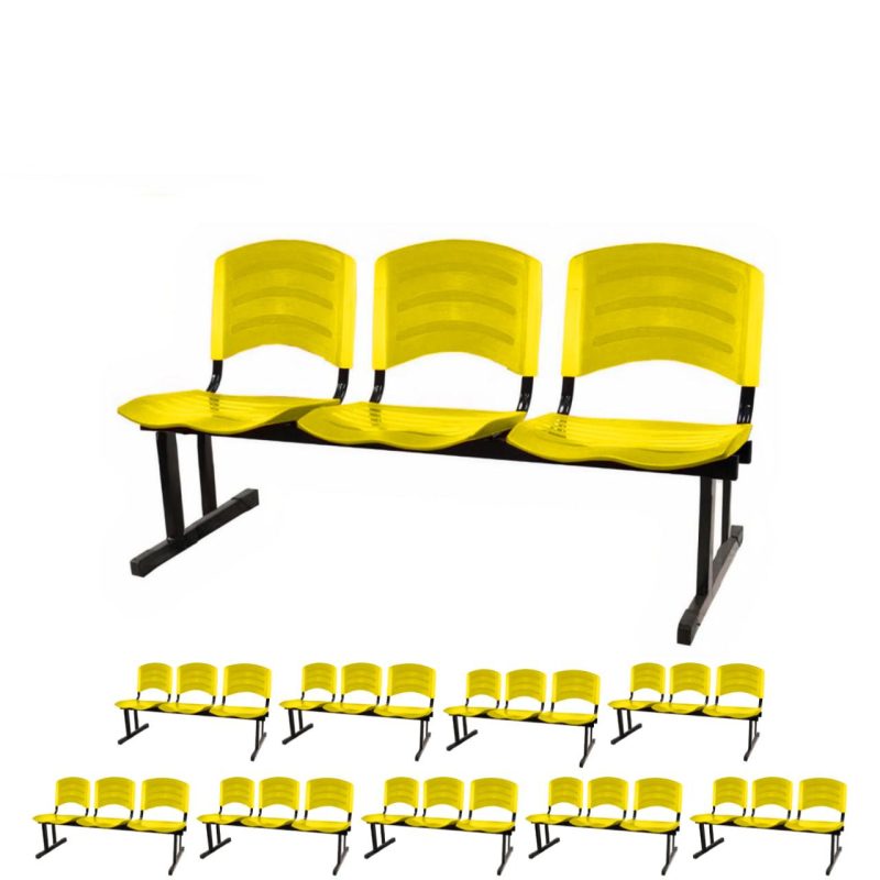 Kit 10 Cadeiras Longarinas PLÁSTICAS 03 Lugares - Cor Amarelo - REALPLAST - 33085
