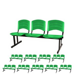 Kit 10 Cadeiras Longarinas PLÁSTICAS 03 Lugares - Cor Verde - REALPLAST - 33066