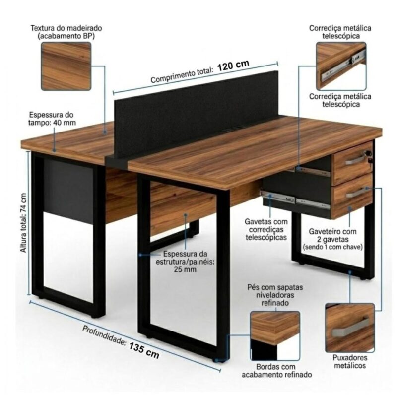 Móveis para Escritório Estação de Trabalho Dupla 1,20x1,35m 02 Lugares c/ Gavetas c/ ponto de tomada PÉ QUADRO - Cor Nogal Sevilha - 63097