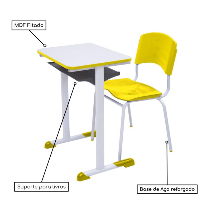 Kit Escolar Individual AMARELO – (Mesa e Cadeira) – ADULTO – MADEIRA - COR AMARELO - 40098