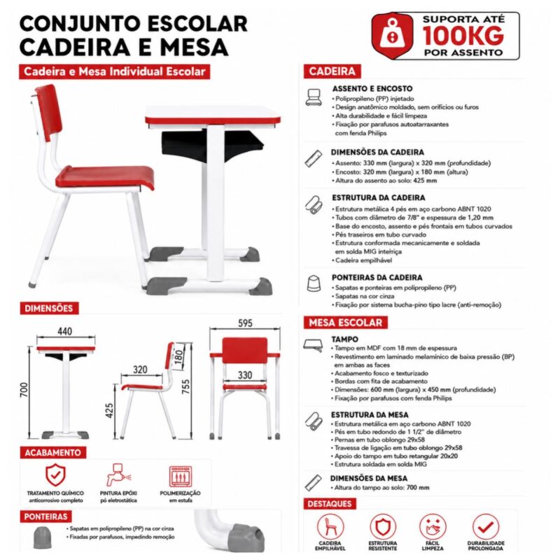 Conjunto Escolar Vermelho com Mesa e Cadeira 06 a 10 Anos