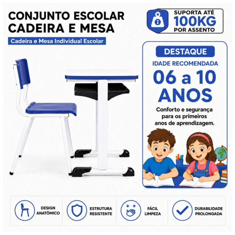 Conjunto Escolar Azul com Mesa e Cadeira 06 a 10 Anos