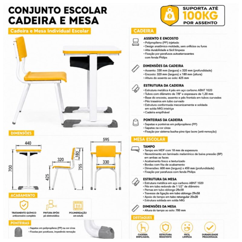 Conjunto Escolar Amarelo com Mesa e Cadeira 06 a 10 Anos