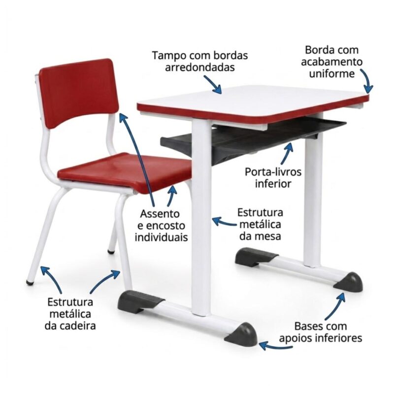 Conjunto Escolar Vermelho com Mesa e Cadeira 06 a 10 Anos