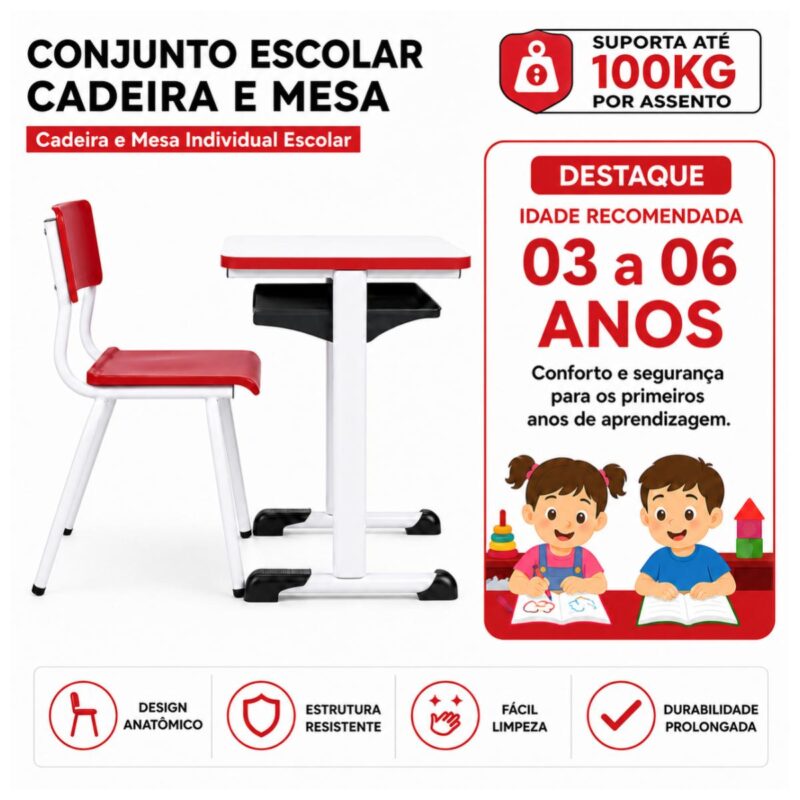 Conjunto Escolar Vermelho com Mesa e Cadeira 03 a 06 Anos