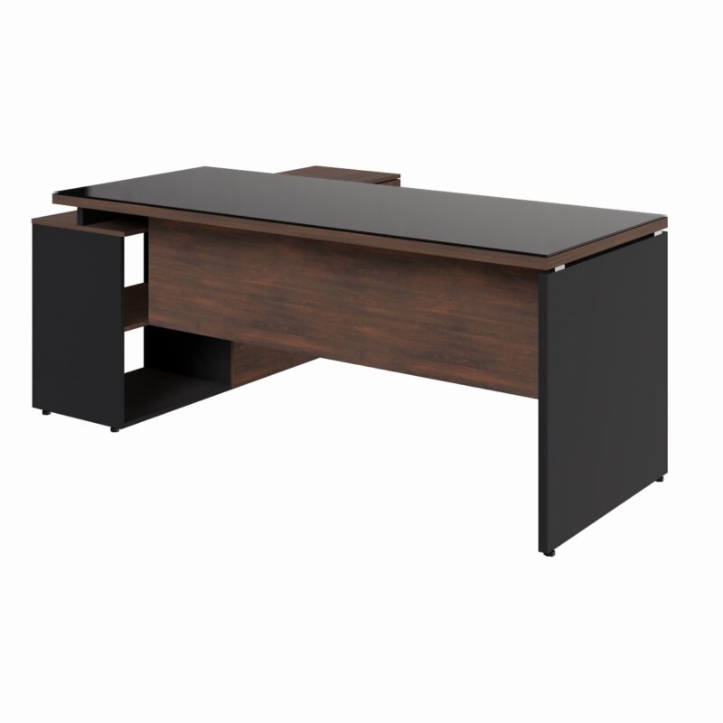 Móveis para Escritório Mesa Diretorzinha c/ vidro c/ Aparador - Pé de MADEIRA - 1,90x1,50m - WORKSTART - MARSALA/PRETO - 23428