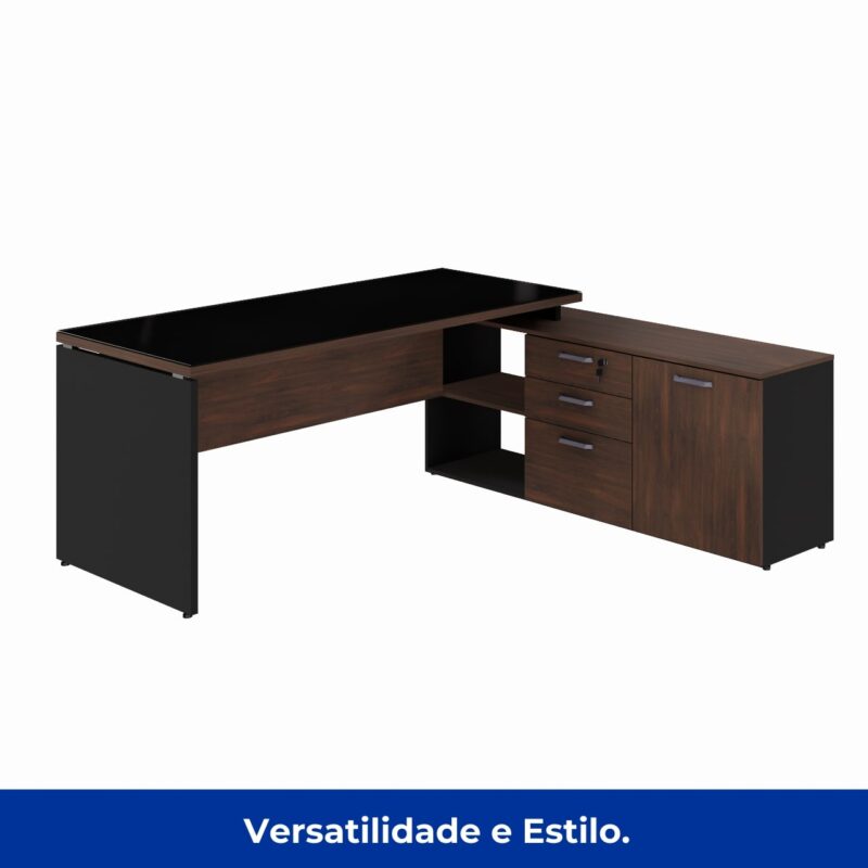 Móveis para Escritório Mesa Diretorzinha c/ vidro c/ Aparador - Pé de MADEIRA - 1,90x1,50m - WORKSTART - MARSALA/PRETO - 23428