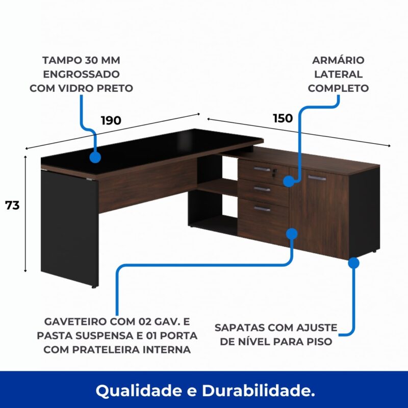 Móveis para Escritório Mesa Diretorzinha c/ vidro c/ Aparador - Pé de MADEIRA - 1,90x1,50m - WORKSTART - MARSALA/PRETO - 23428
