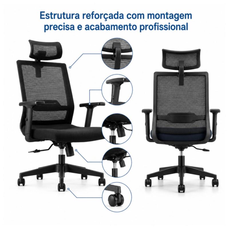 Cadeira de Escritório Cadeira Presidente Ergonômica com Apoio de Cabeça — Preta