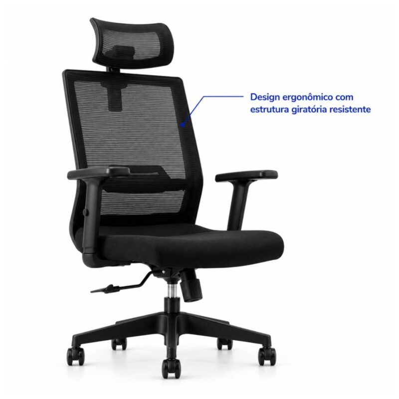 Cadeira de Escritório Cadeira Presidente Ergonômica com Apoio de Cabeça — Preta