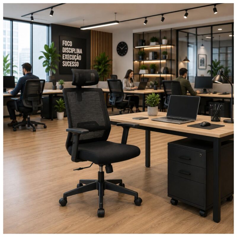Cadeira de Escritório Cadeira Presidente Ergonômica com Apoio de Cabeça — Preta