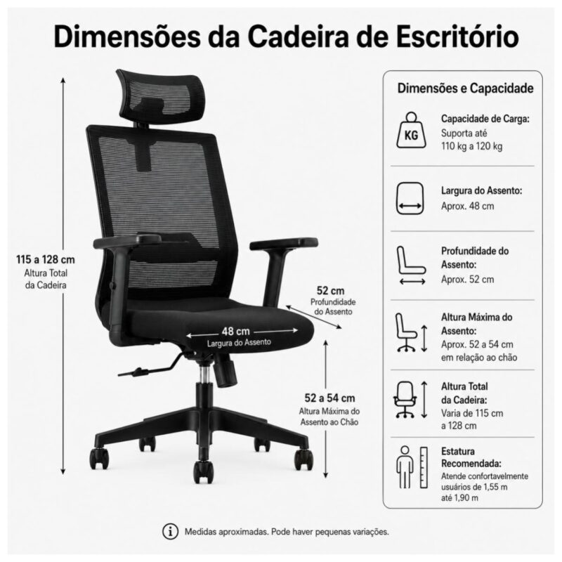 Cadeira de Escritório Cadeira Presidente Ergonômica com Apoio de Cabeça — Preta