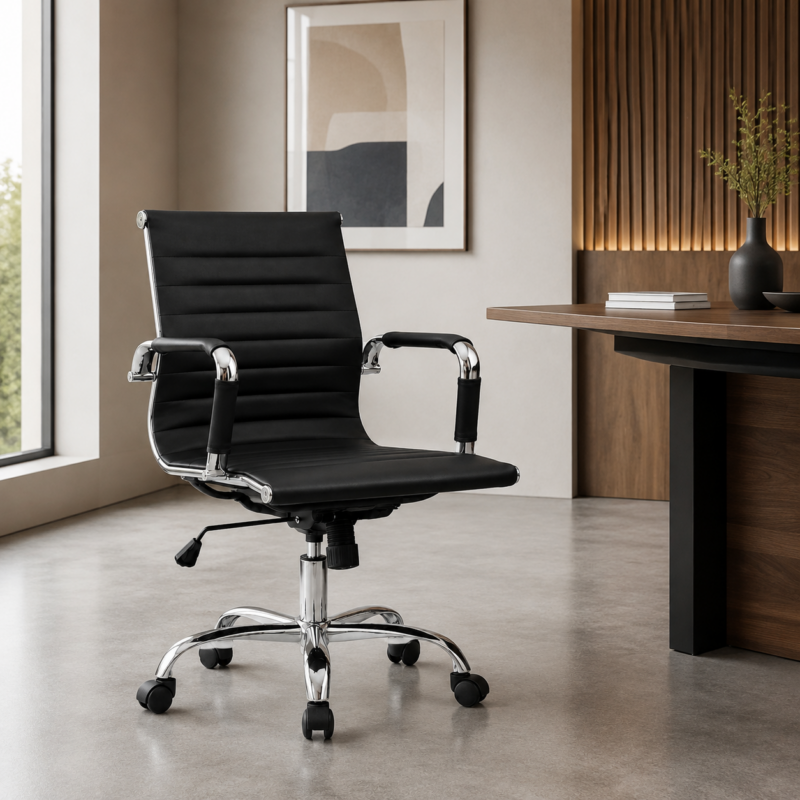 Cadeira Diretor Charles Eames Esteirinha Preta ambientada em sala de reunião com mesa de madeira