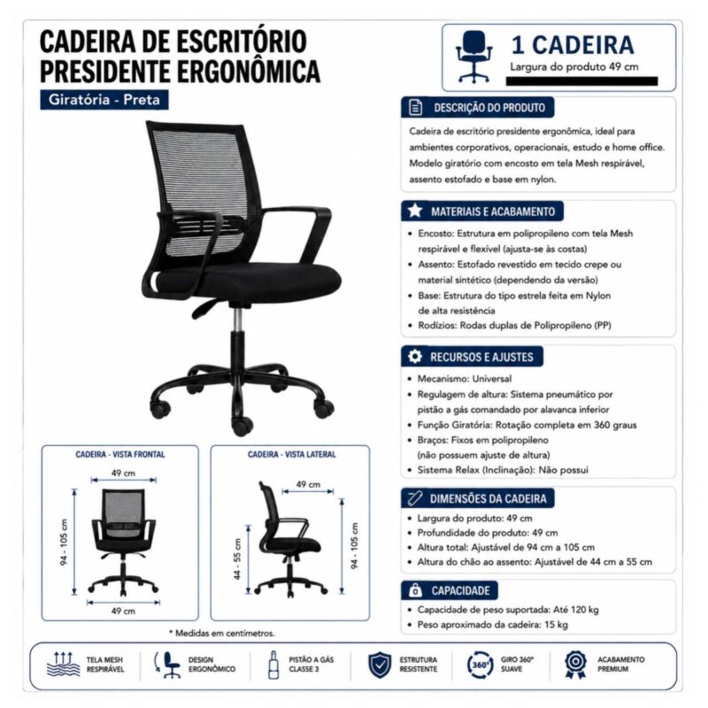 Cadeira de Escritório Cadeira de Escritório Presidente Ergonômica Giratória Preta