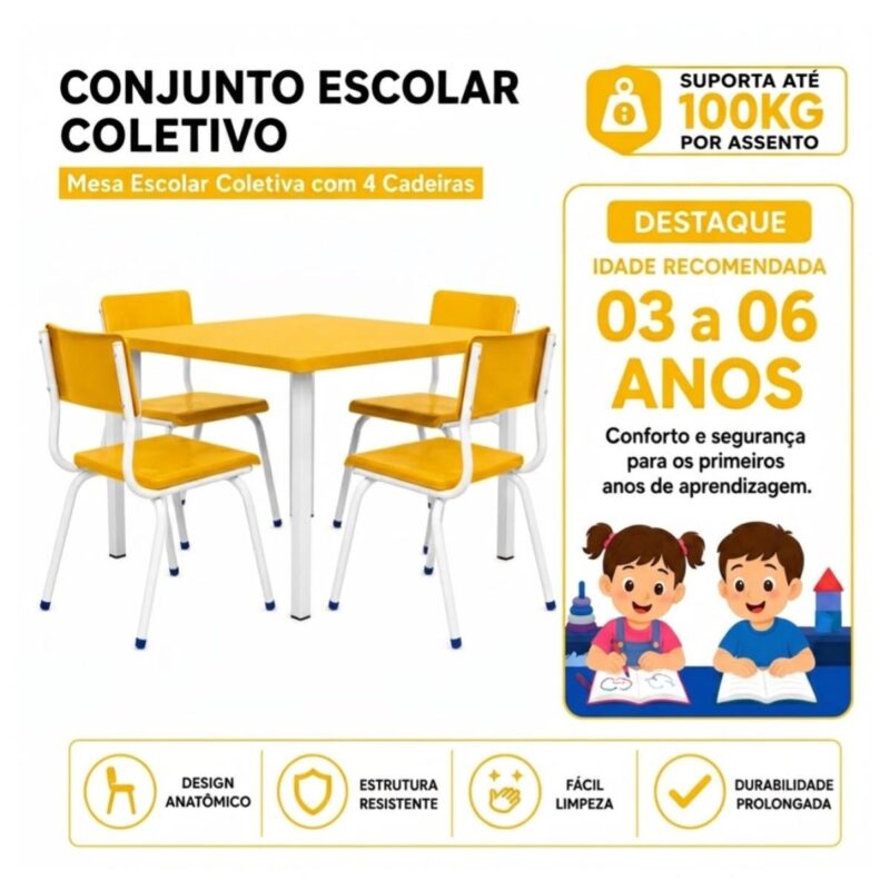 Conjunto Escolar Coletivo Infantil 4 Cadeiras 03 a 06 Anos