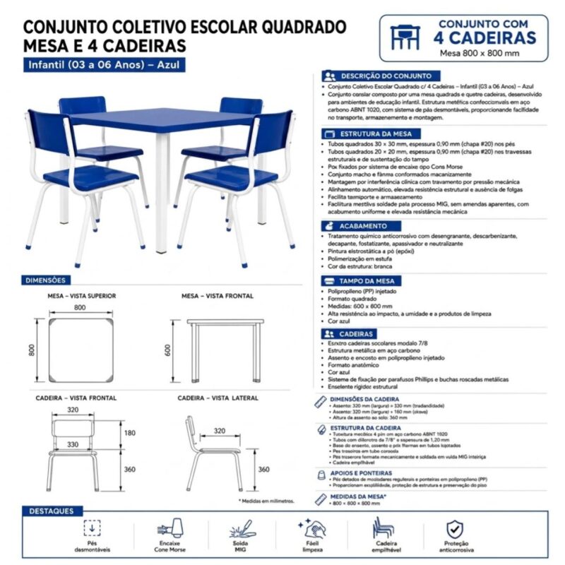 Conjunto Escolar Coletivo Infantil 4 Cadeiras 03 a 06 Anos