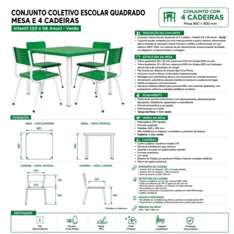 Conjunto Escolar Coletivo Infantil 4 Cadeiras 03 a 06 Anos