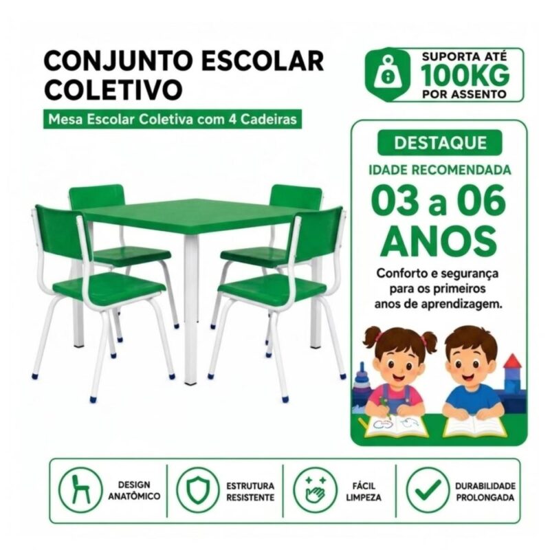 Conjunto Escolar Coletivo Infantil 4 Cadeiras 03 a 06 Anos