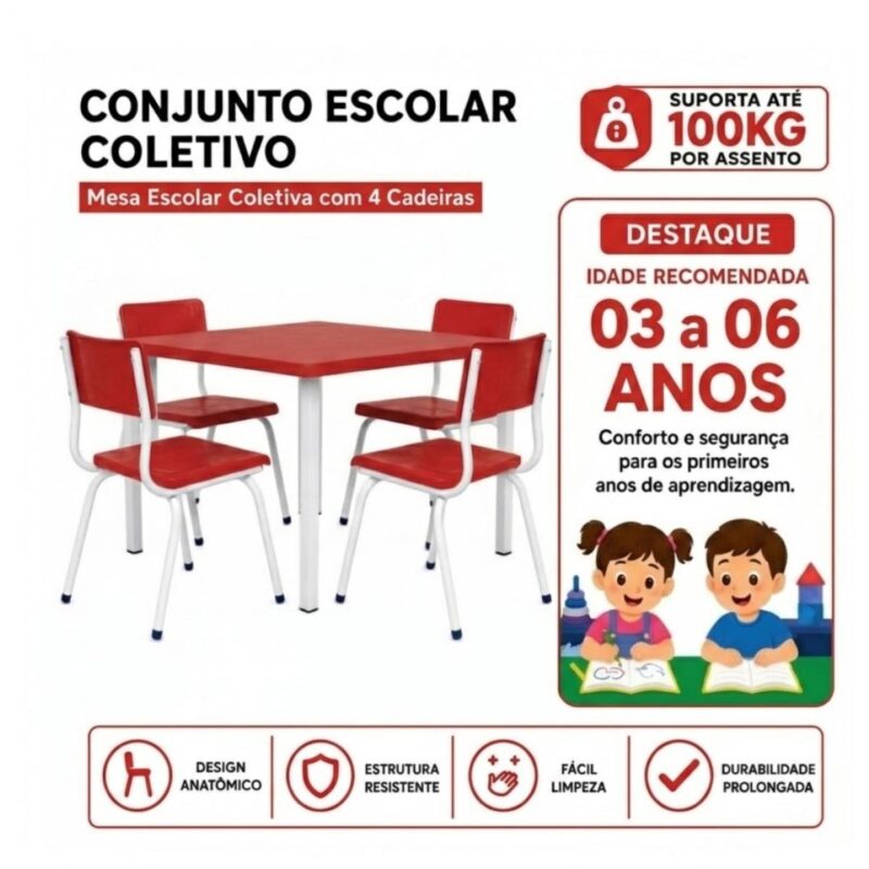 Conjunto Escolar Coletivo Infantil 4 Cadeiras 03 a 06 Anos