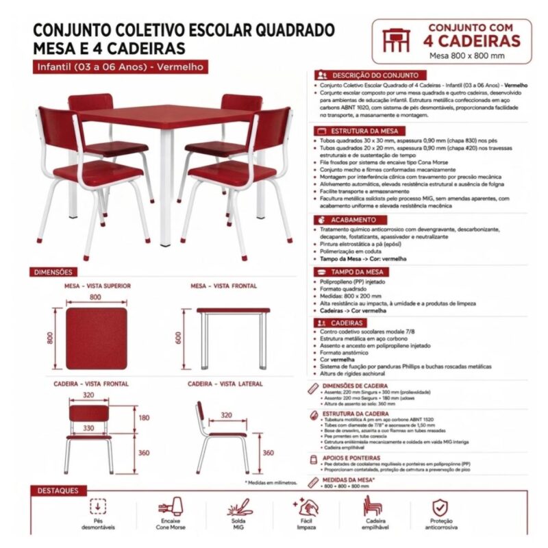Conjunto Escolar Coletivo Infantil 4 Cadeiras 03 a 06 Anos