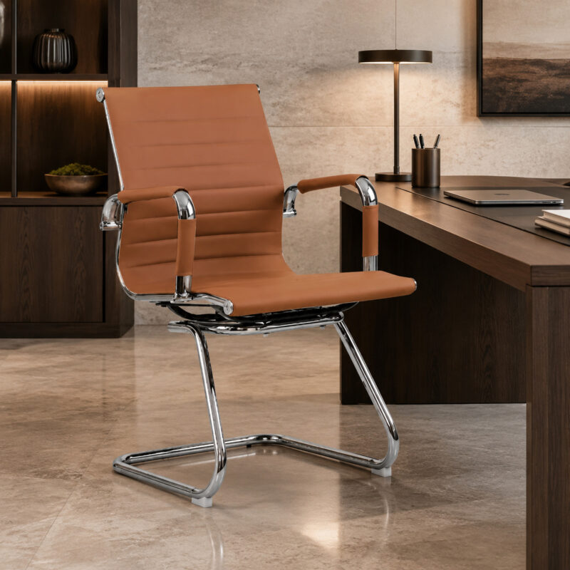 Cadeira Interlocutor Charles Eames Caramelo aplicada junto a mesa em ambiente corporativo de reunião.