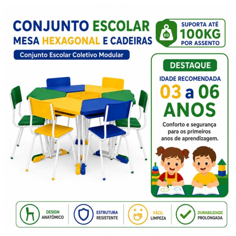 Conjunto Escolar Hexagonal Coletivo com 6 Lugares