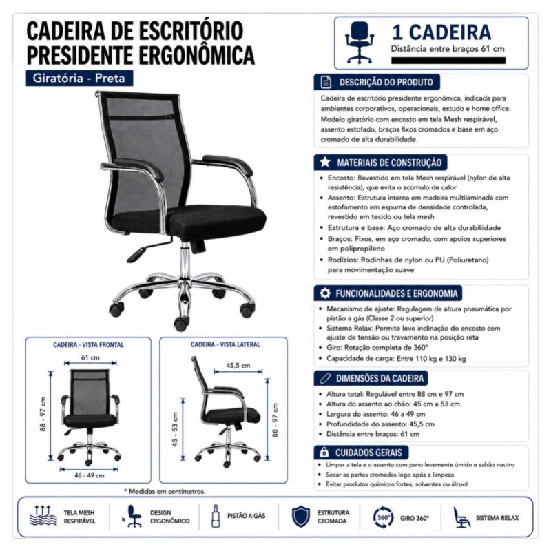 Cadeira de Escritório Cadeira Presidente Conforto Tela Mesh Giratória com Regulagem de Altura