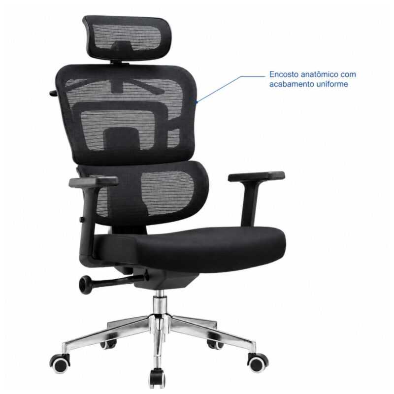 Imagem técnica da base cromada e dos rodízios da cadeira presidente ergonômica preta.