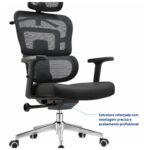 Imagem técnica do mecanismo e das conexões estruturais da cadeira presidente ergonômica giratória preta.